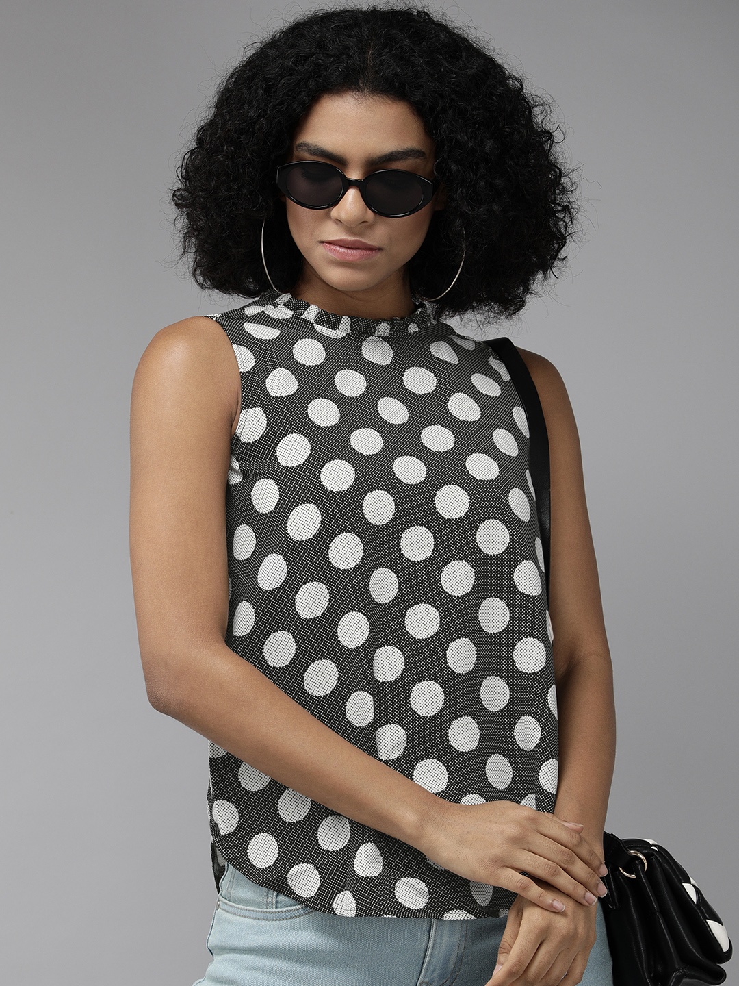 

Van Heusen Women Black & White Polka Dots Printed Top