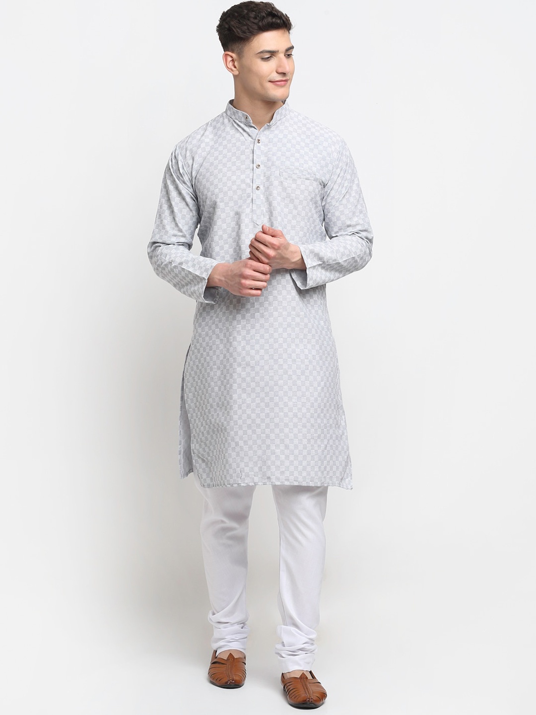 

Benstoke Men Grey Layered Kurta with Churidar