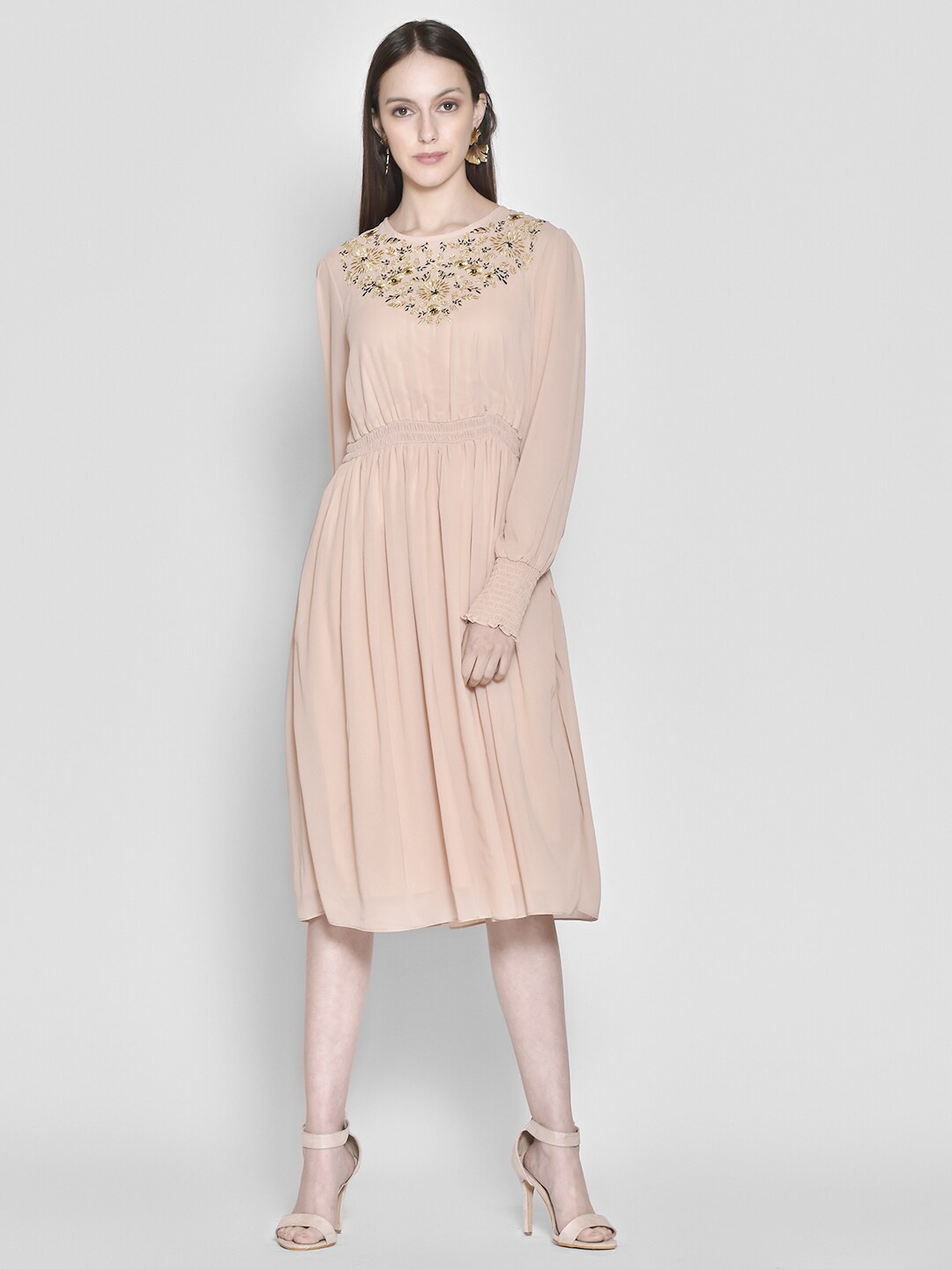 

250 DESIGNS Beige & Gold-Toned Embroidered Georgette Midi Dress