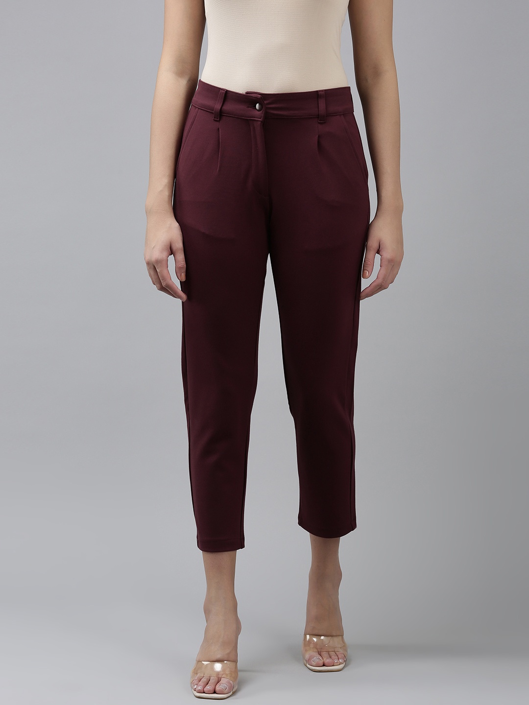 

Van Heusen Women Solid Mid-Rise Cropped Trousers, Maroon