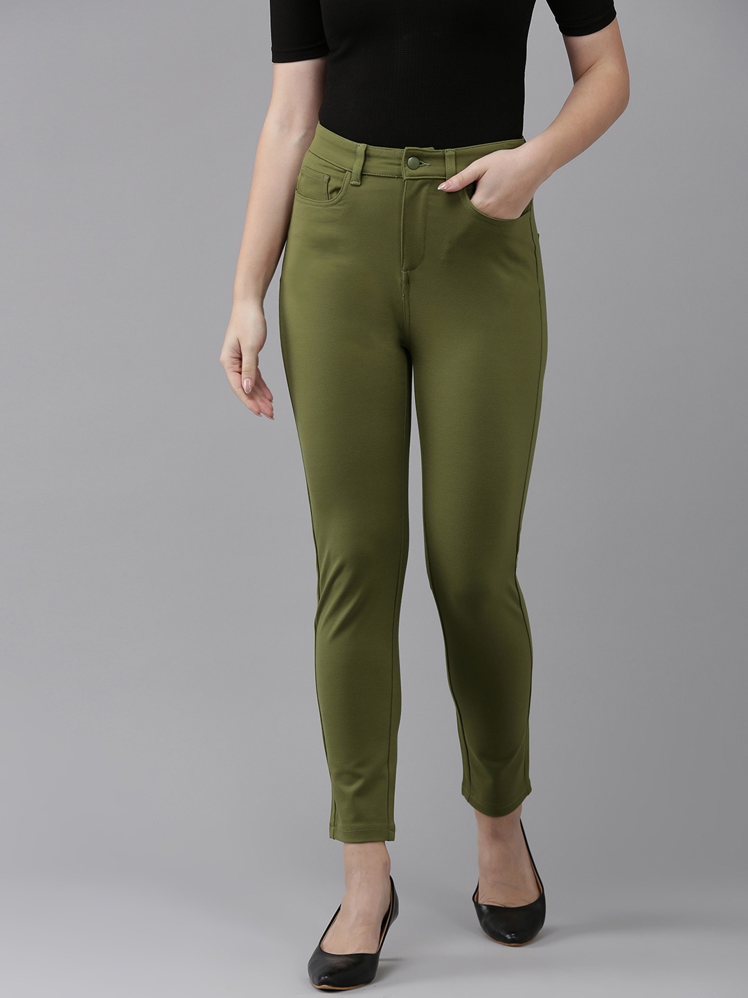 

Van Heusen Women Solid Flat Front Mid Rise Trousers, Olive