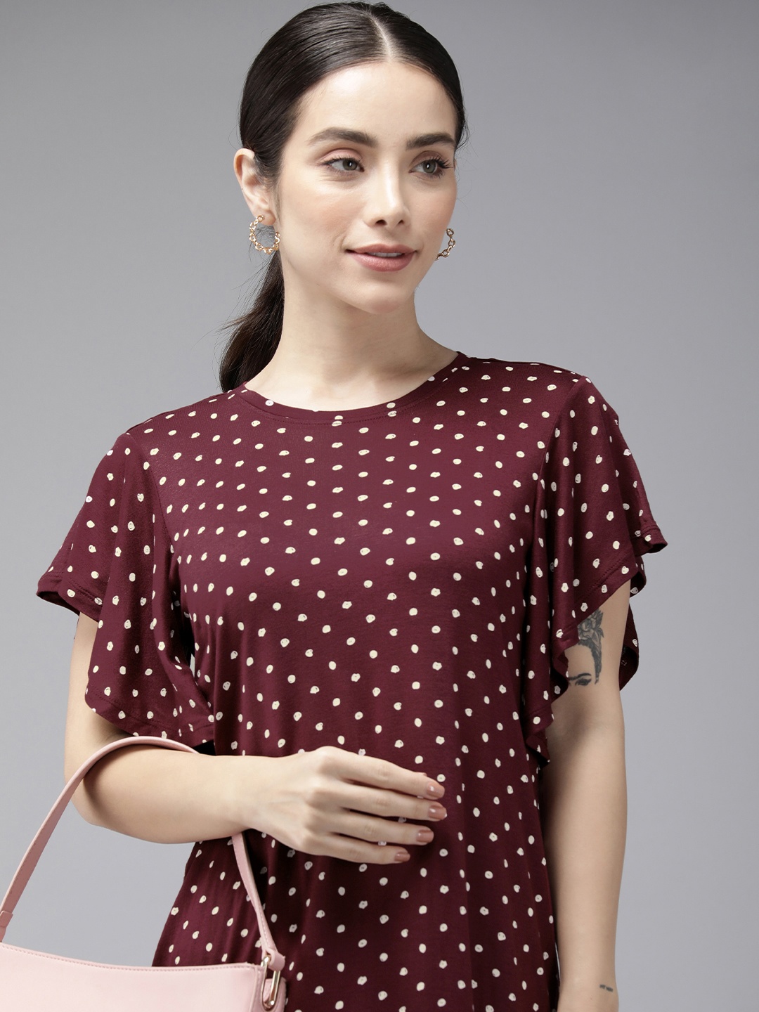 

Van Heusen Round Neck Polka Dot Printed A-Line Dress, Maroon