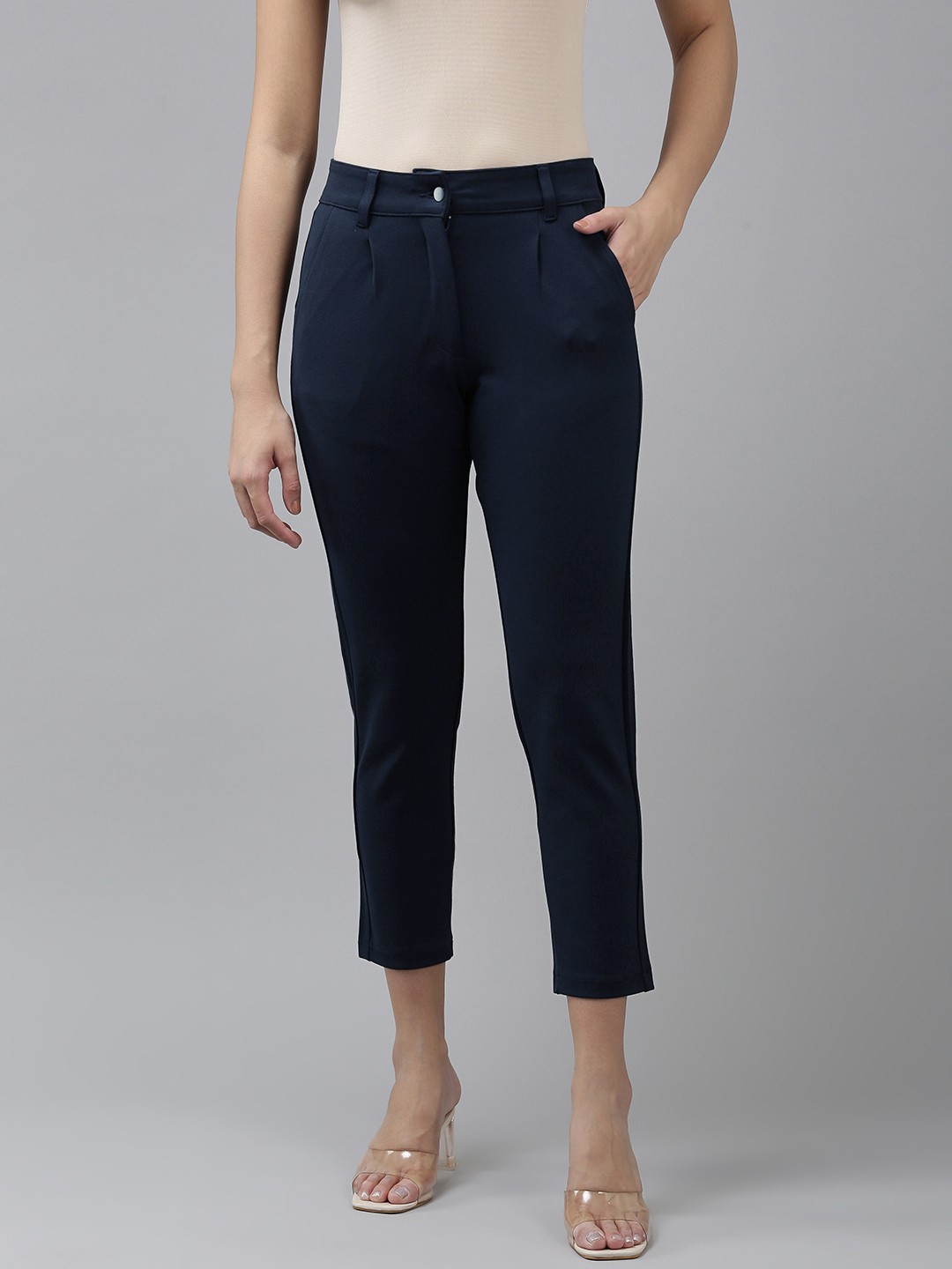 

Van Heusen Women Solid Mid-Rise Cropped Trousers, Navy blue