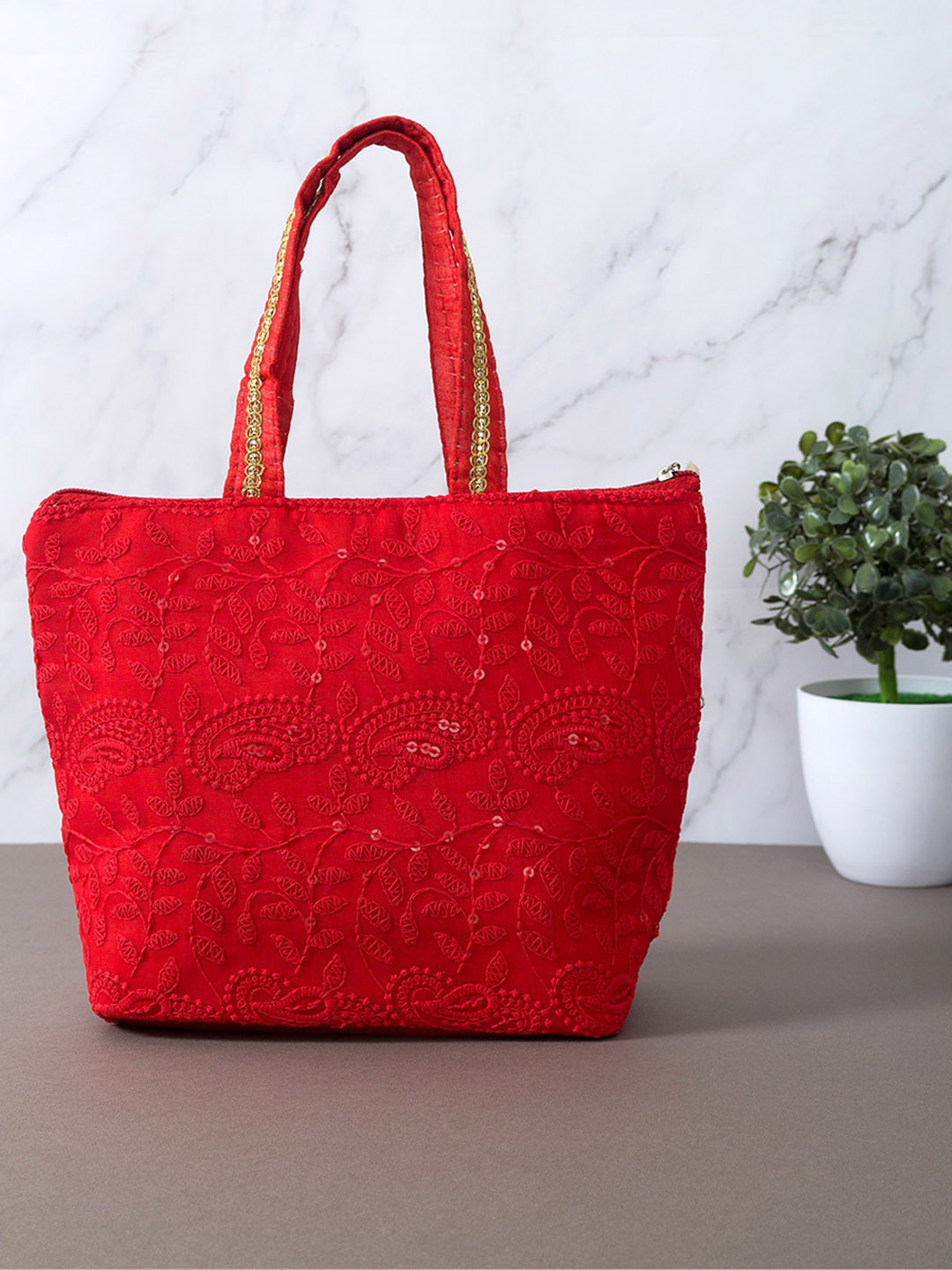 

Golden Peacock Red Ethnic Motifs Embroidered Structured Shoulder Bag