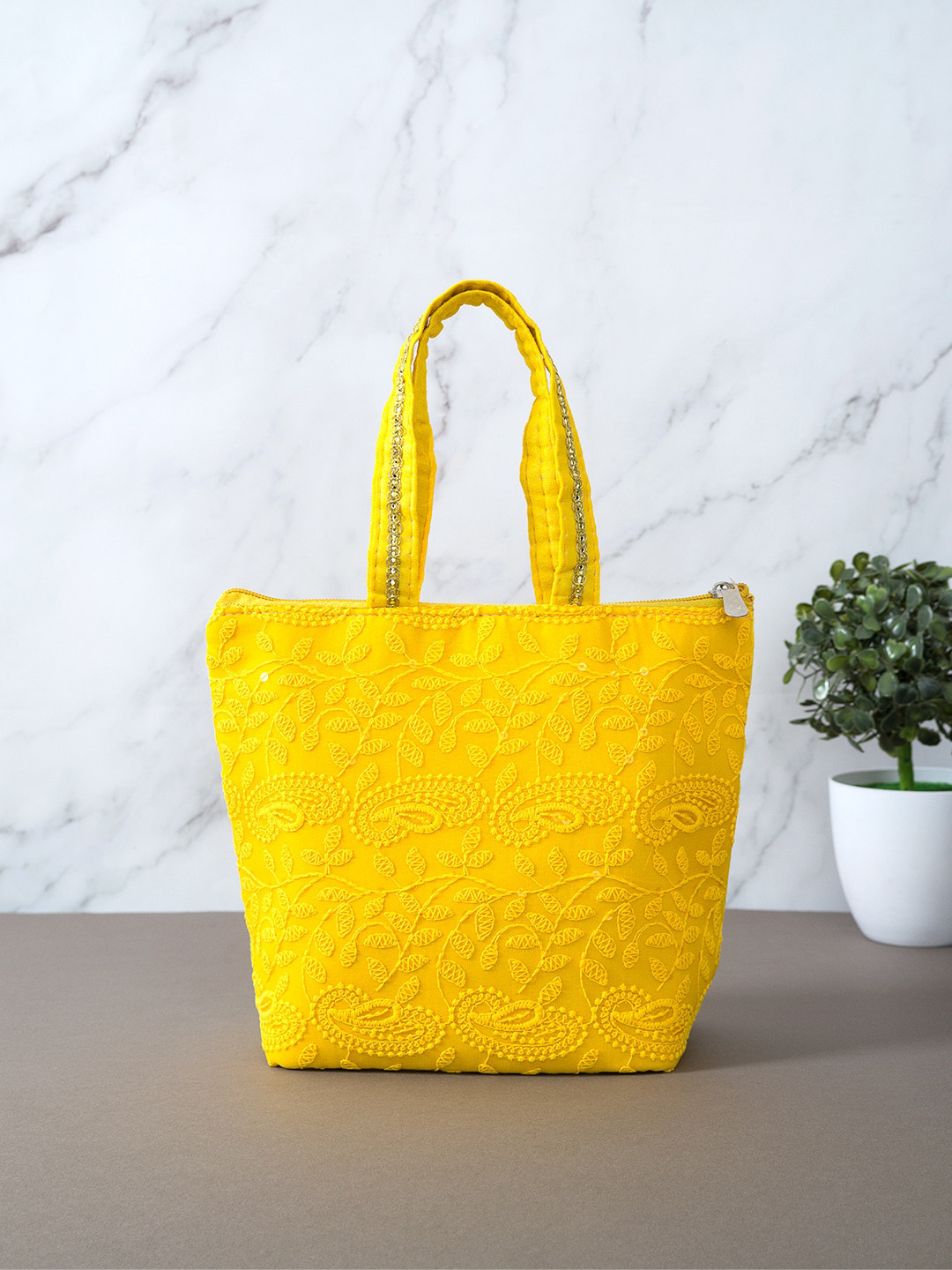 

Golden Peacock Yellow Ethnic Motifs Embroidered Structured Shoulder Bag