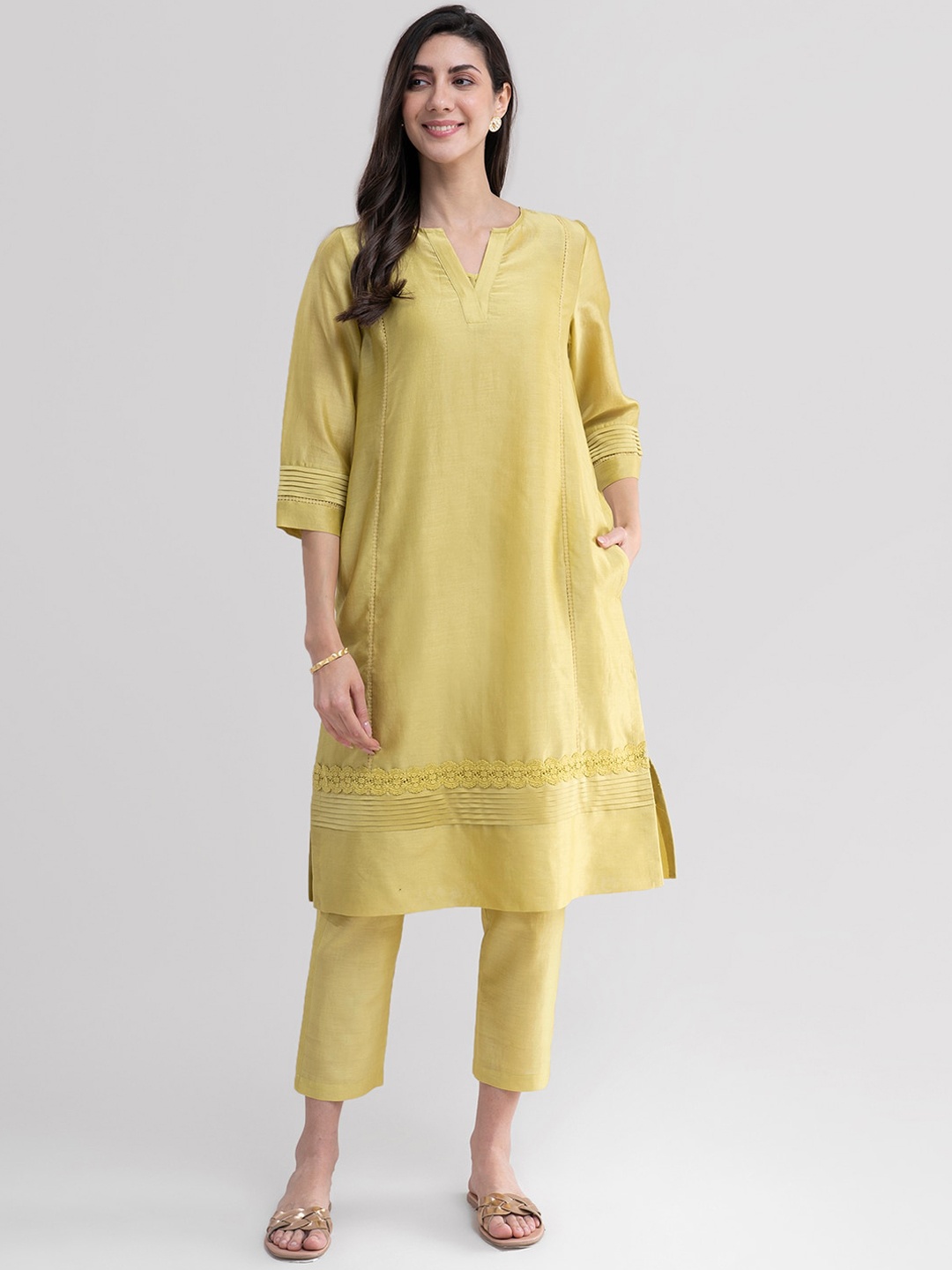 

Marigold by FableStreet Women Lime Green Panelled Kurta with Trousers