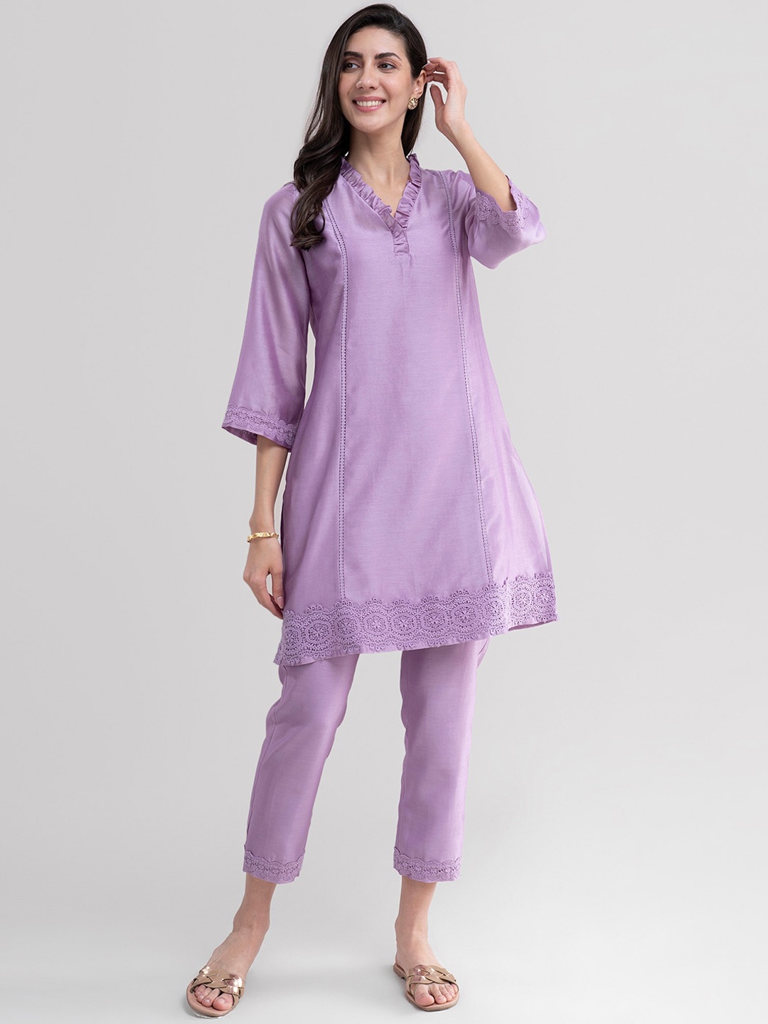 

Pink Fort Women Lavender Panelled Kurta with Trousers & With Dupatta