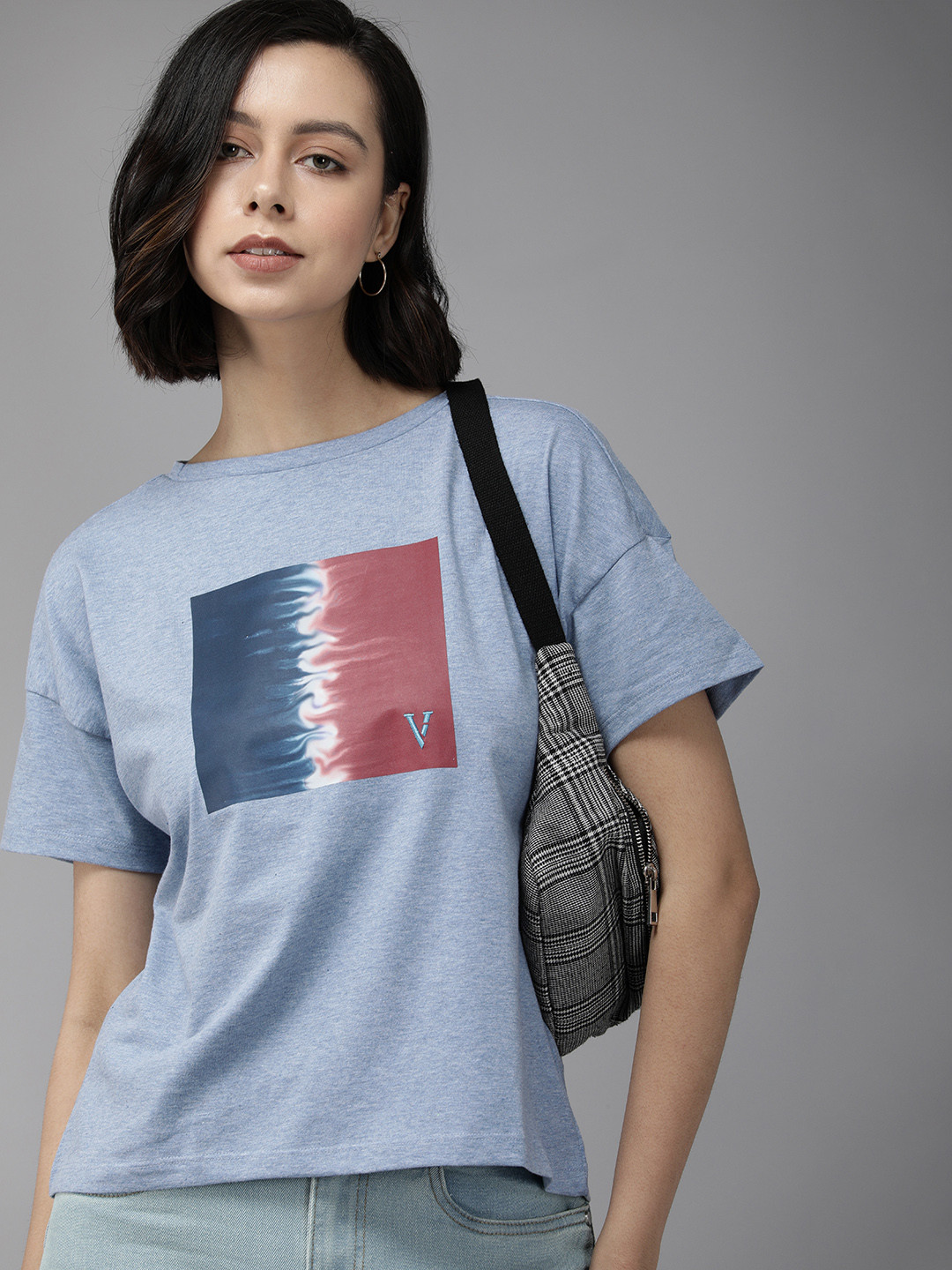 

Van Heusen Blue & Pink Printed Round Neck Drop Down Sleeves Top