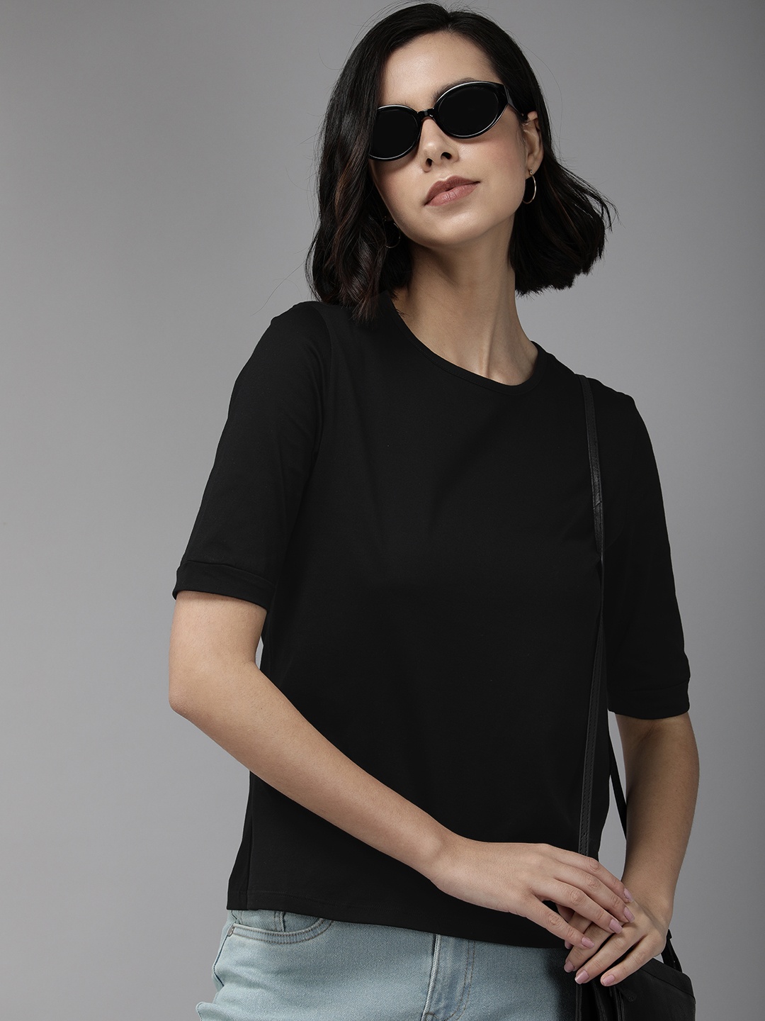 

Van Heusen Women Black Solid Round Neck Pure Cotton Casual Top