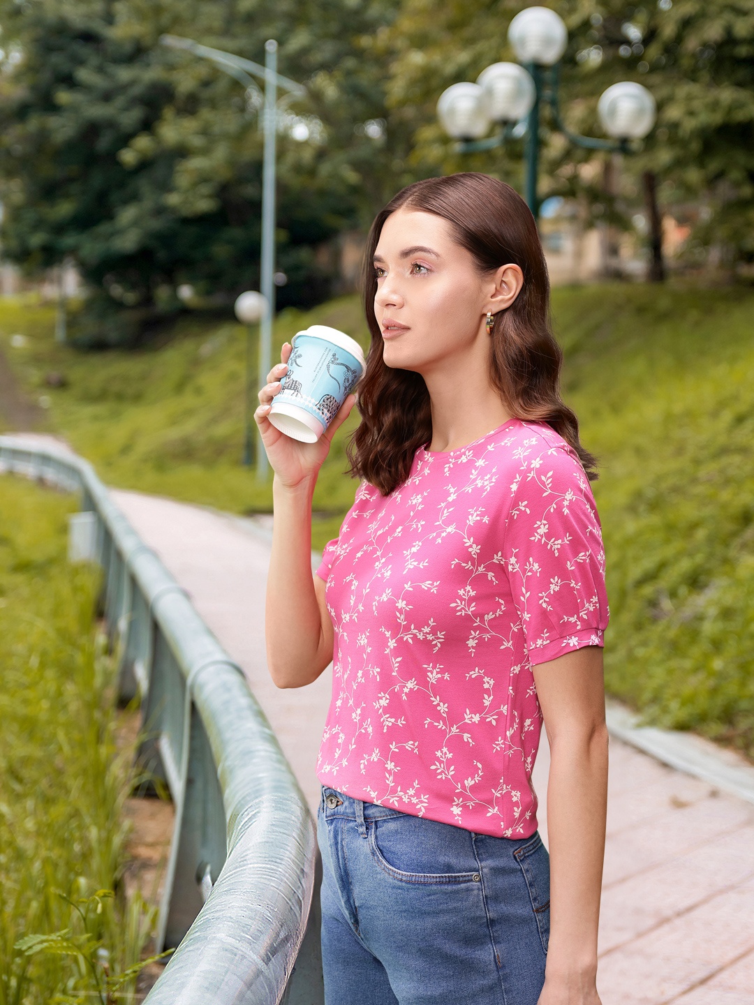 

Van Heusen Cotton Floral Print Puff Sleeve Top, Pink