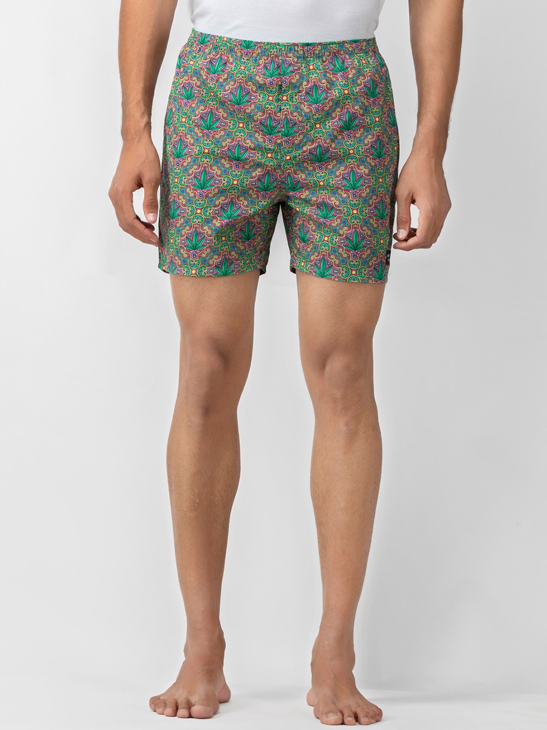 

wHAT'S DOwn Men Green & Yellow Printed Pure Cotton Boxer