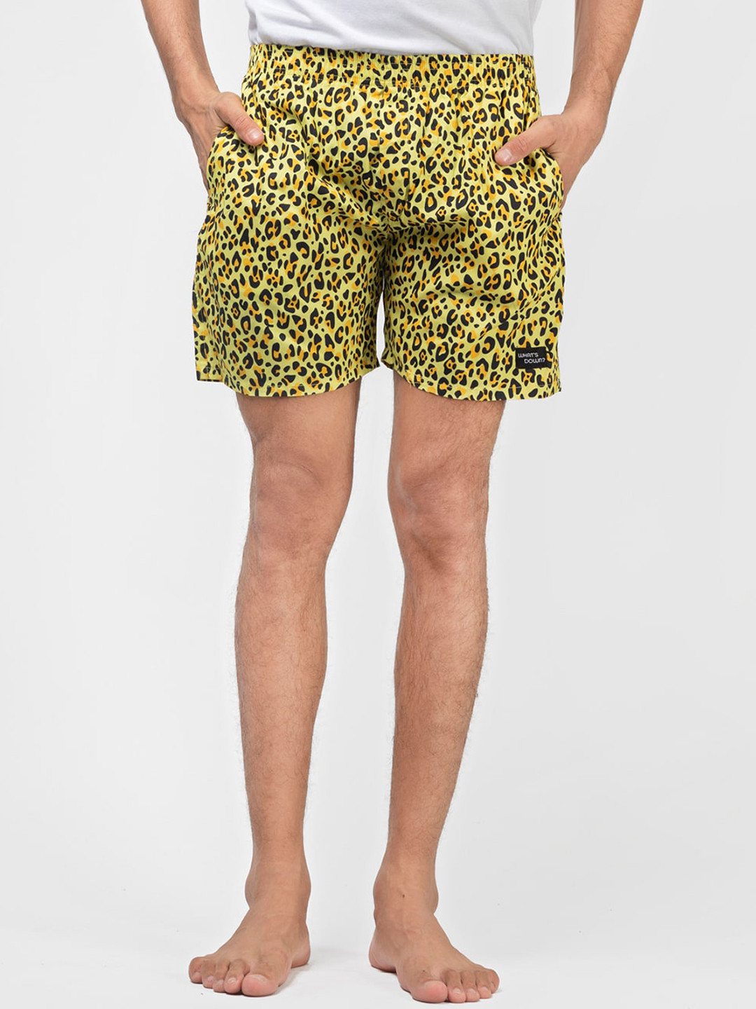 

wHAT'S DOwn Men Yellow & Black Leopard Print Cotton Boxer Shorts YELLOW-LEOPARD-MENS-S