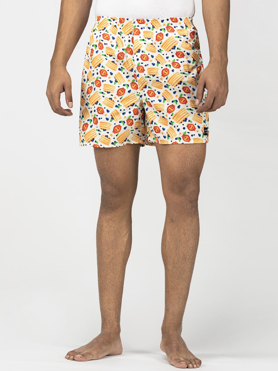 

wHAT'S DOwn Men White & Yellow Printed Pure Cotton Boxers PEACH-PANCAKES-MENS-S