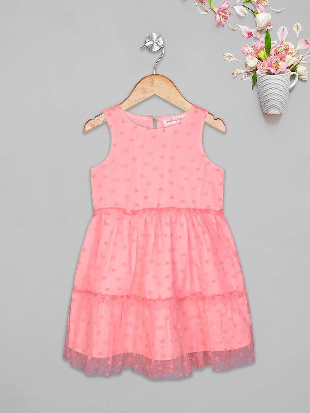 

Budding Bees Girls Pink Conversational Print Ruffles Flared Net Dress