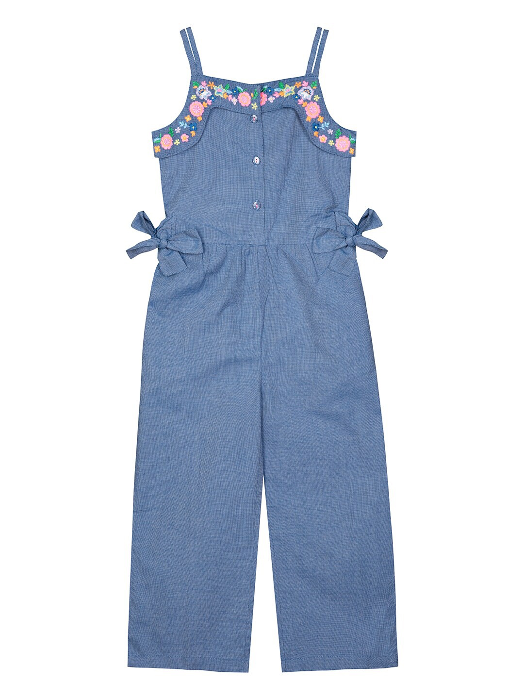 

Budding Bees Girls Blue & Pink Basic Jumpsuit with Embroidered
