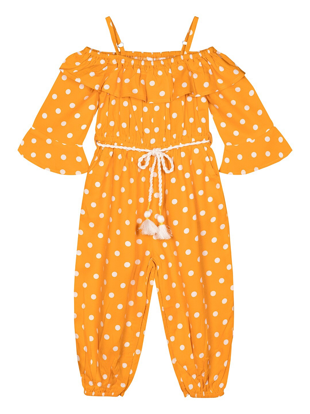 

Budding Bees Girls Mustard Yellow & White Polka Dots Printed Ruffled Basic Jumpsuit