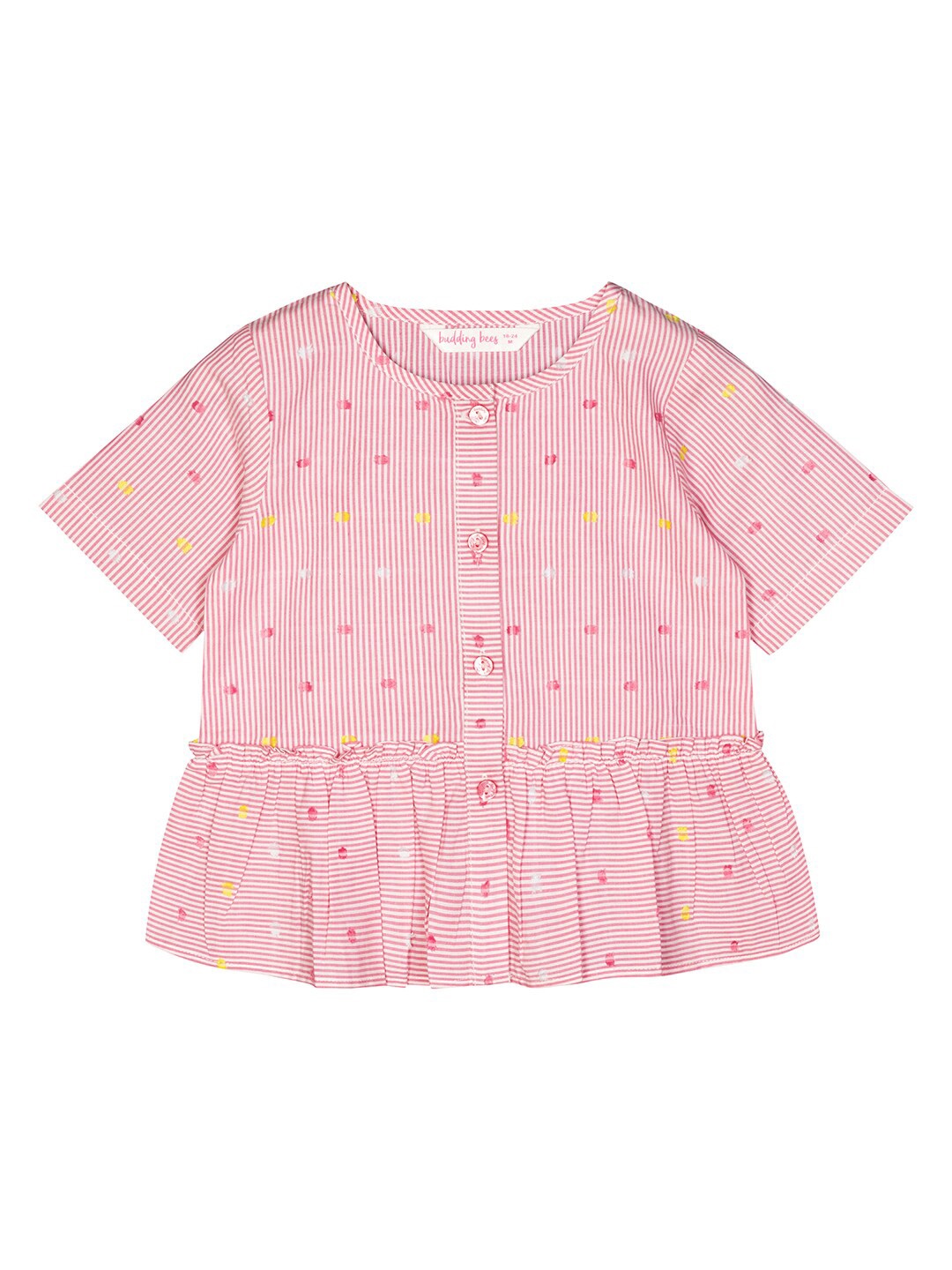 

Budding Bees Infant Girl Pink & White Striped Dobby Weave Ruffled Cotton A-Line Top