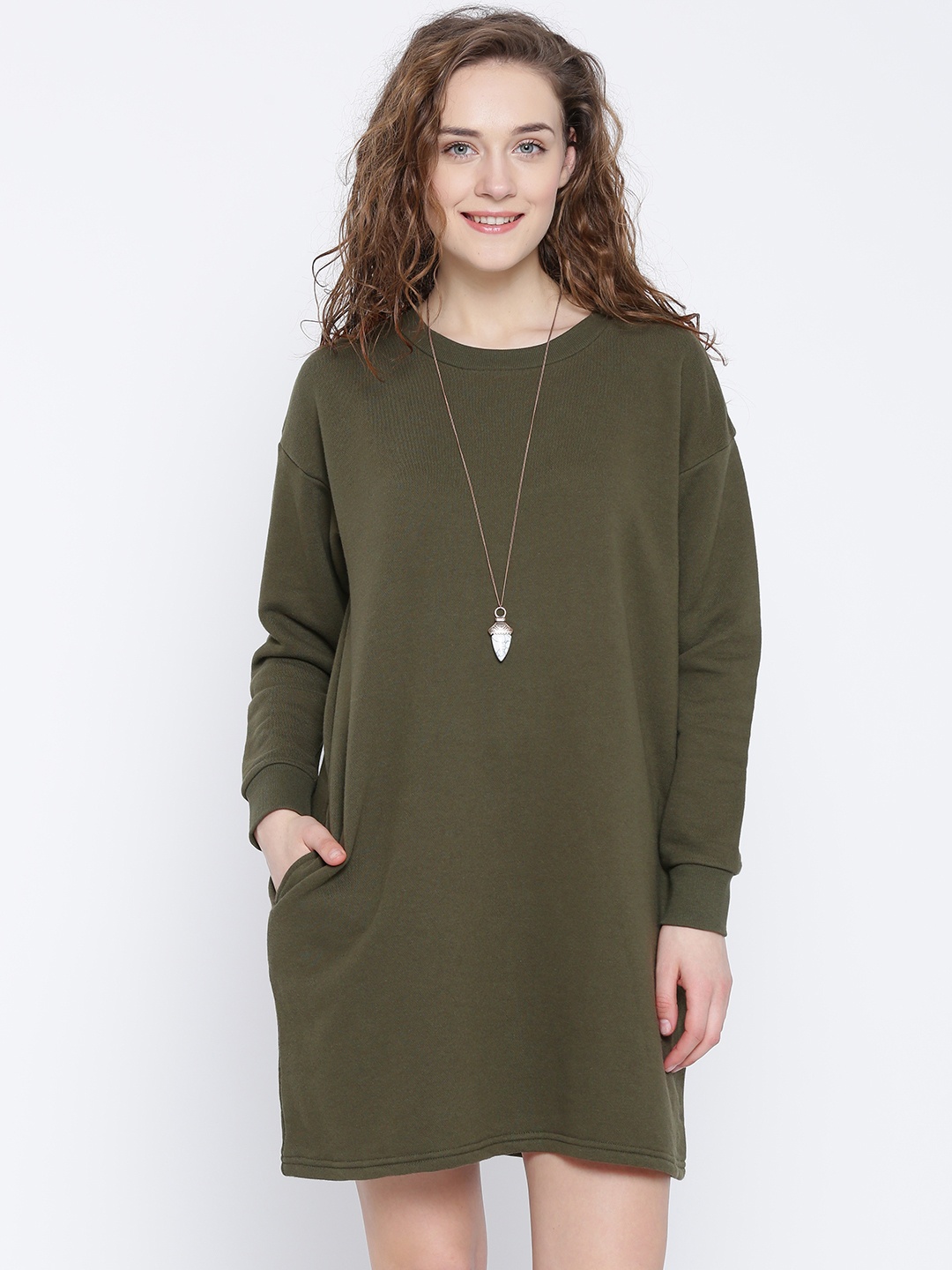 

FOREVER 21 Women Olive Green Solid T-shirt Dress