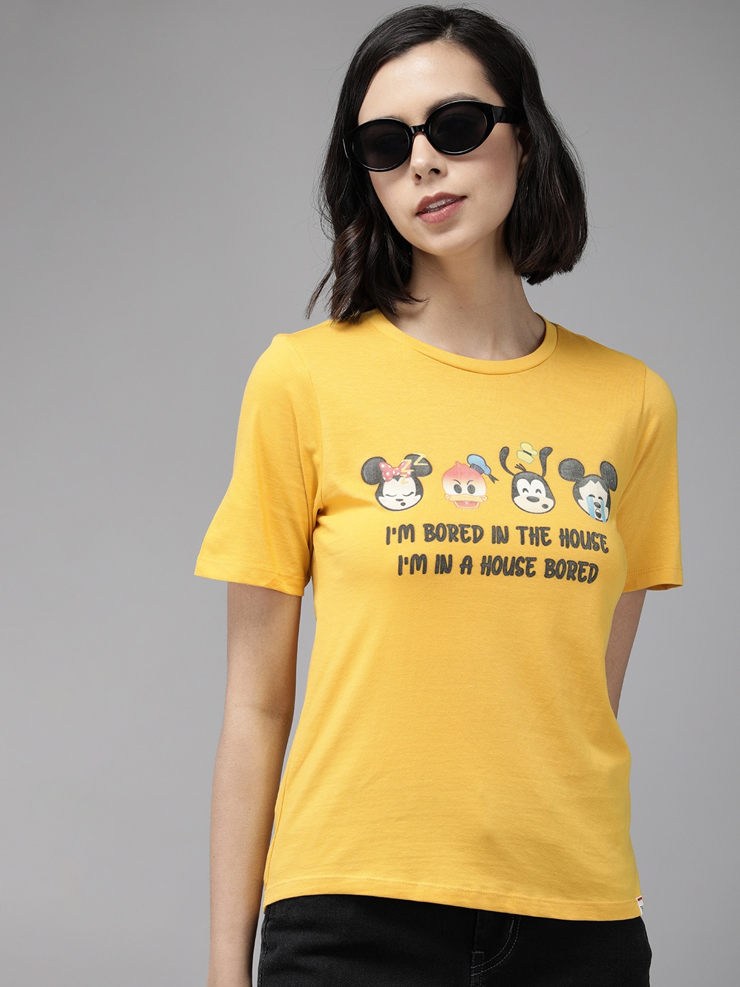 

Van Heusen Women Yellow & Black Mickey & Friends Printed Pure Cotton Top