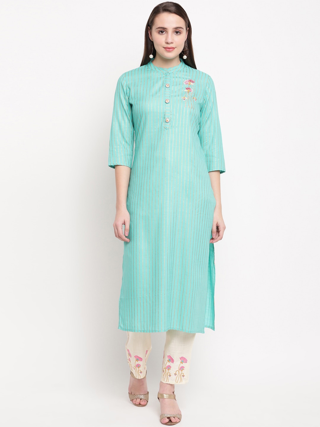 

KALINI Women Blue Floral Yoke Design Panelled Thread Work Kurti with Trousers