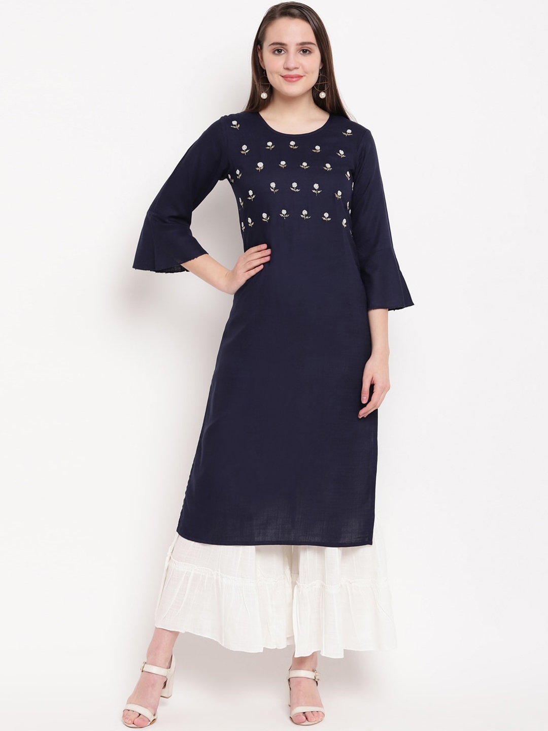 

KALINI Women Blue Floral Embroidered Thread Work Kurti with Sharara