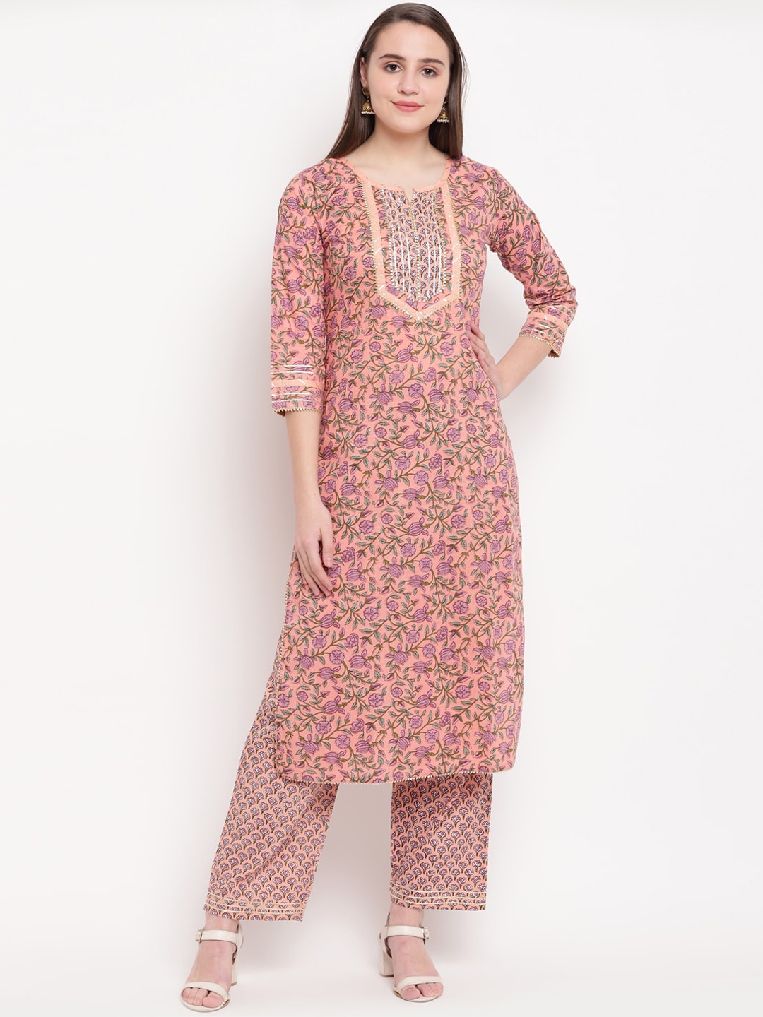 

Vbuyz Women Peach-Coloured Printed Panelled Pure Cotton Kurti with Palazzos