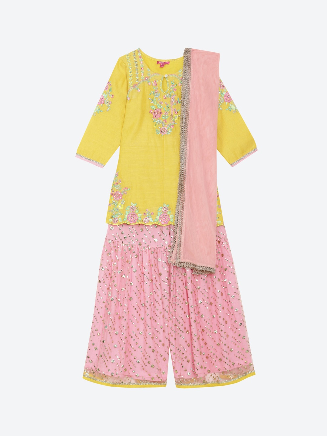 

Biba Girls Yellow Floral Embroidered Kurti with Skirt & With Dupatta