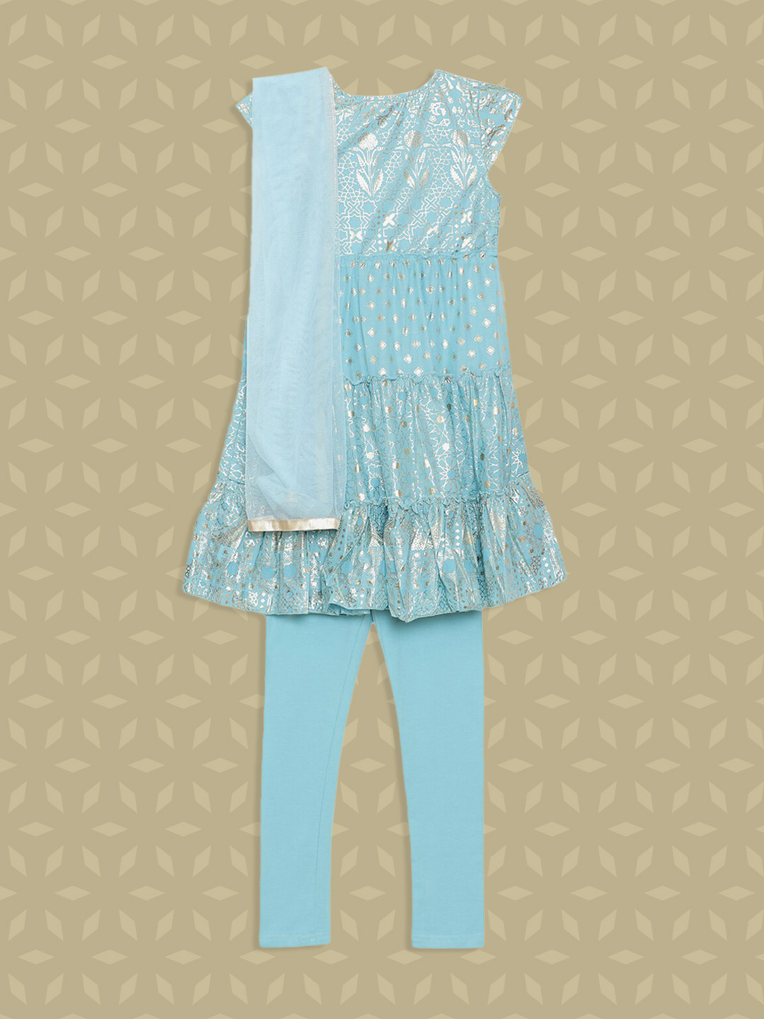 

Biba Girls Blue Ethnic Motifs Printed Tiered Kurti with Churidar & With Dupatta