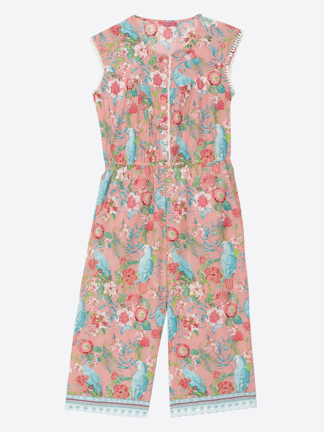 

Biba Girls Peach-Coloured & Turquoise Blue Floral Printed Basic Jumpsuit