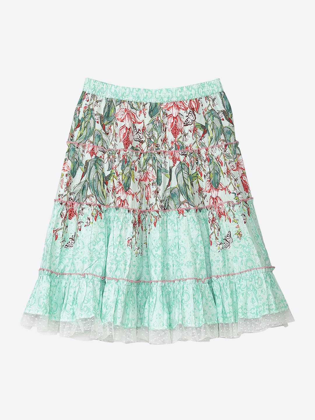 

Biba Girls Sea-Green & Pink Printed Pure Cotton Flared Skirt