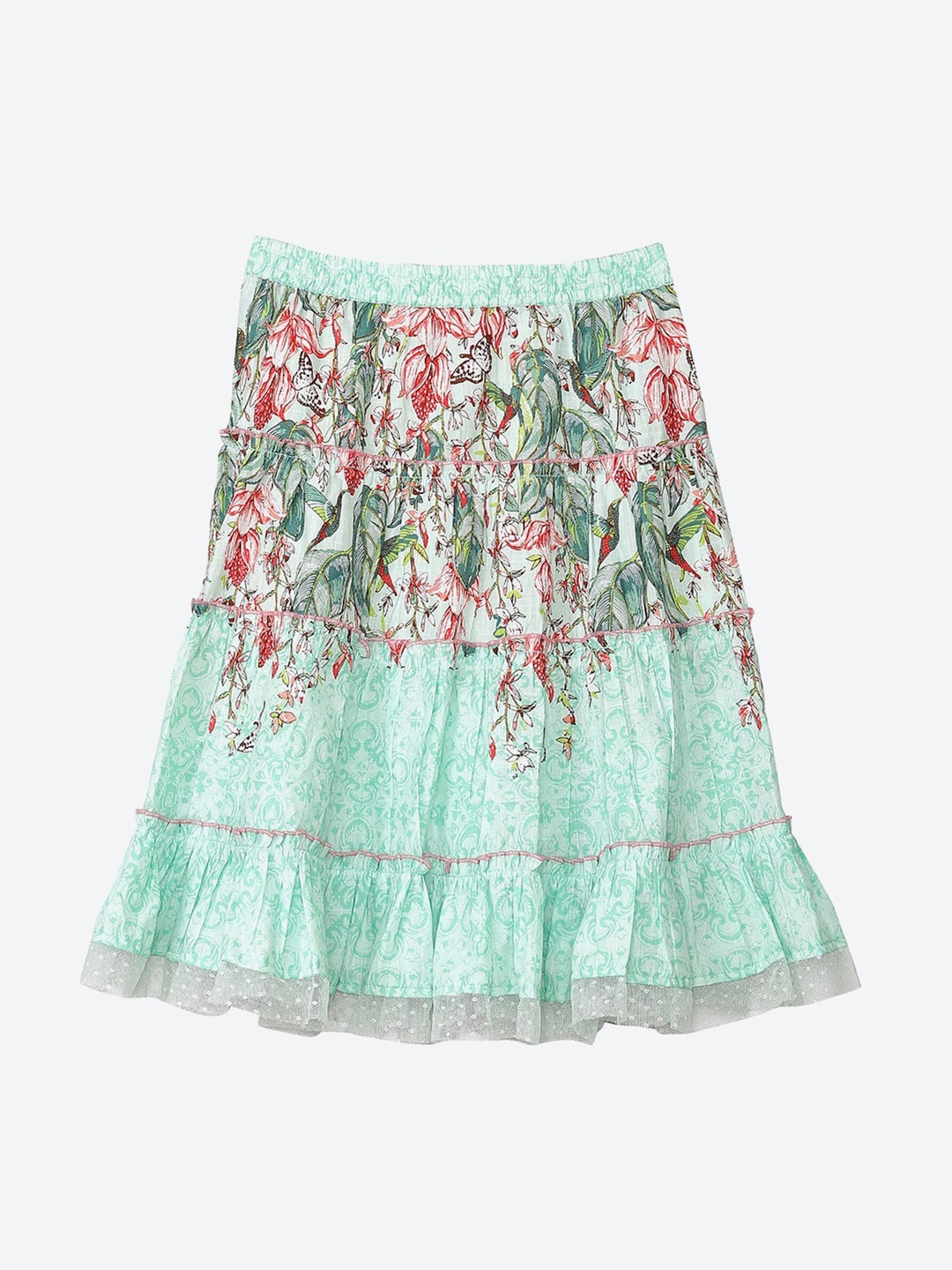 

Biba Girls Sea-Green & Pink Printed Pure Cotton Flared Knee-Length Skirt