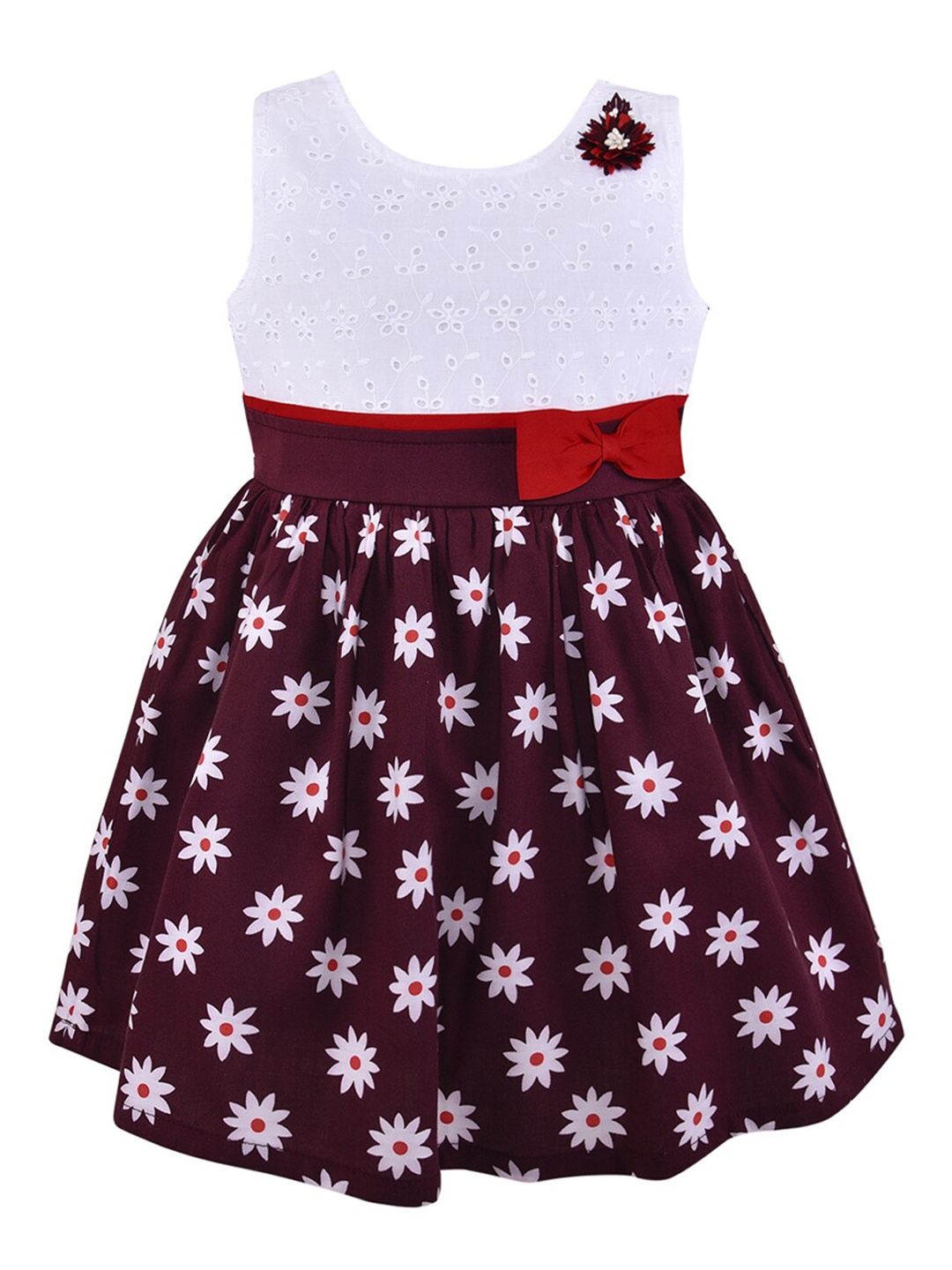 

Wish Karo Maroon & White Floral A-Line Cotton Dress