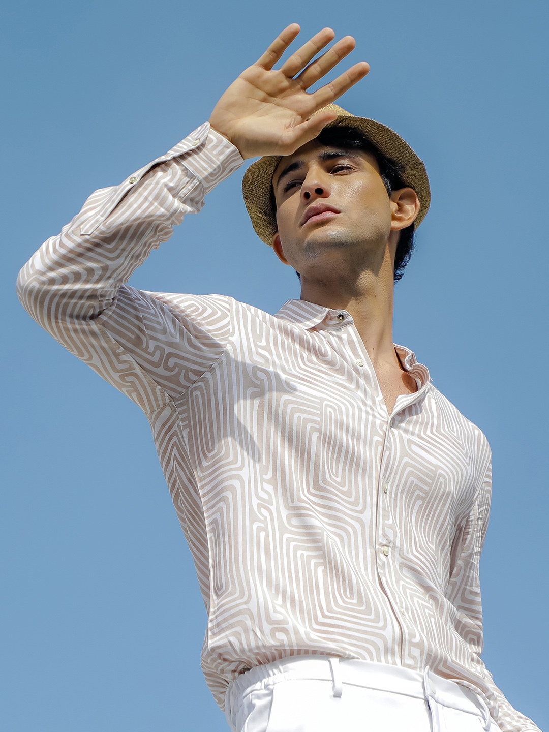 

RARE RABBIT Men Beige Custom Slim Fit Printed Casual Shirt