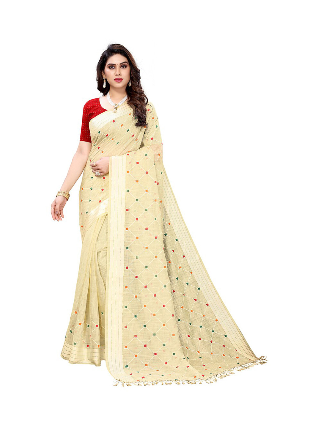

Pisara Beige & Red Geometric Printed Zari Silk Cotton Saree