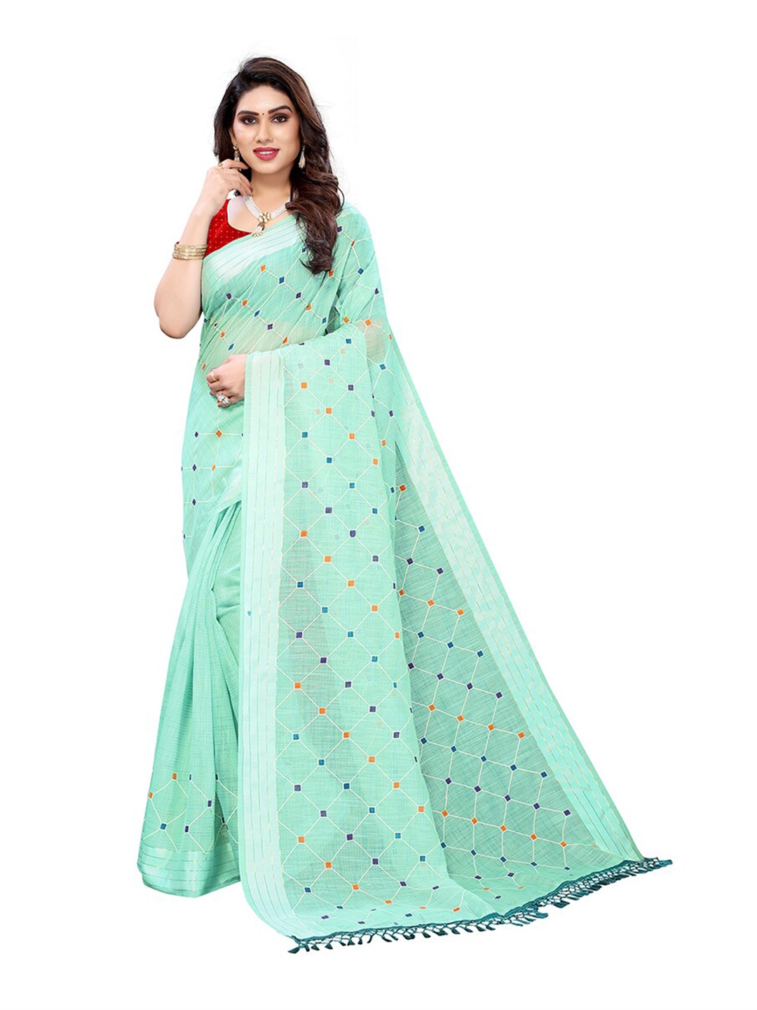 

Pisara Turquoise Blue & Orange Printed Silk Cotton Saree