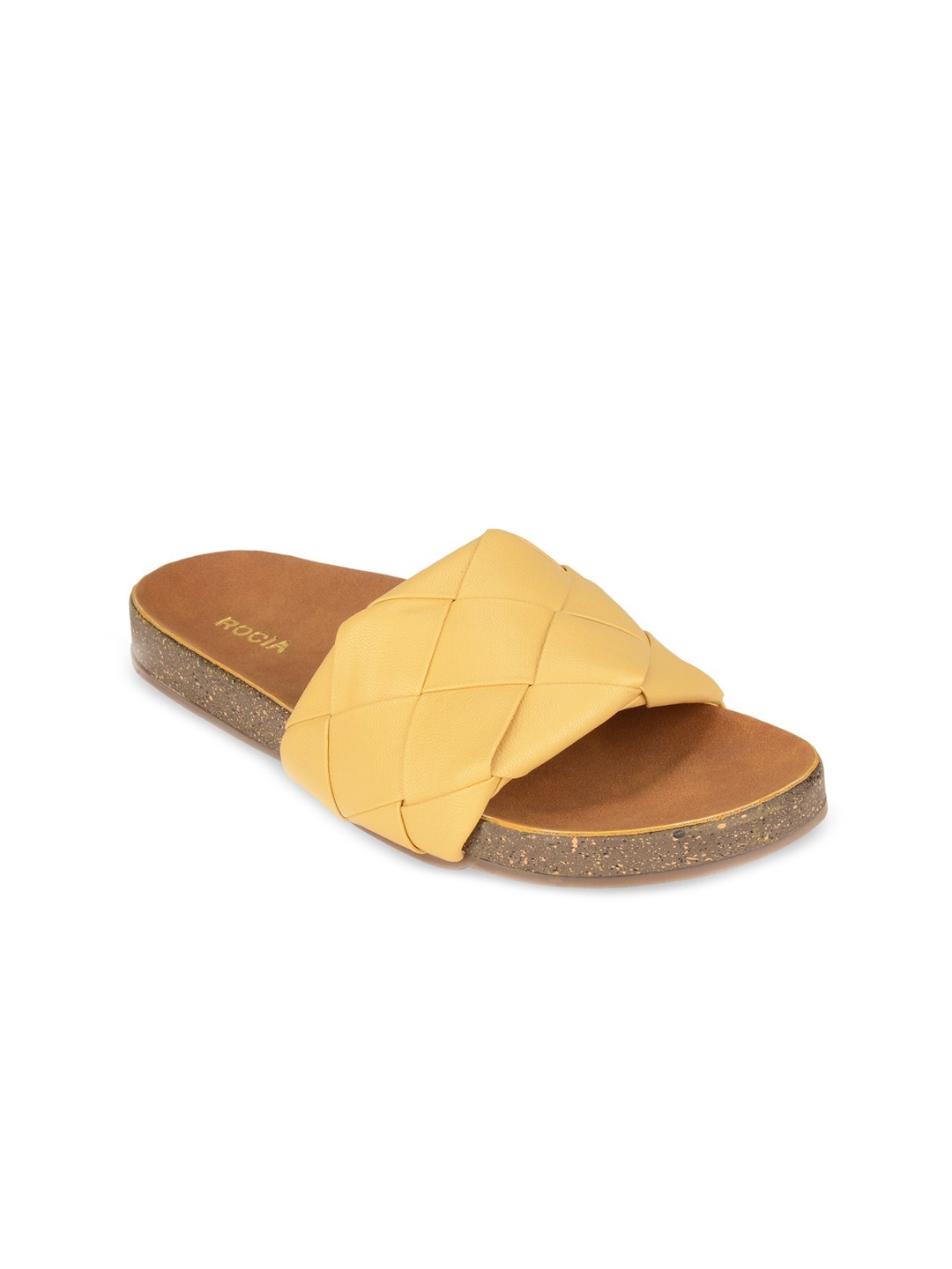 

Rocia Women Mustard Yellow Basket Woven Design Open Toe Flats
