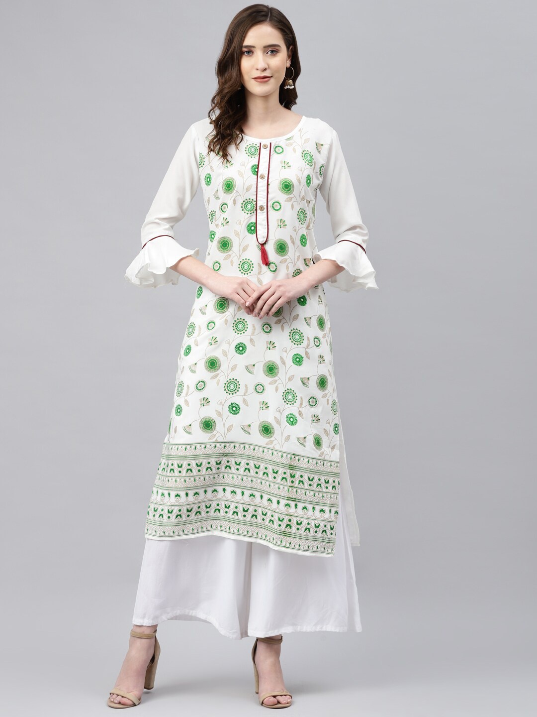 

Somras Women White & Green Floral Printed Flared Sleeves Floral Kurta