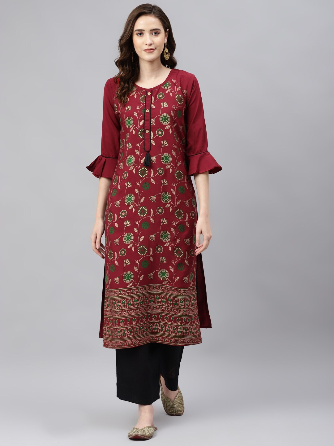 

Somras Women Maroon Ethnic Motifs Printed Bell Sleeves Kurta