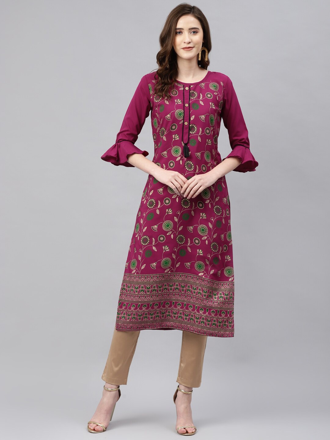

Somras Magenta Flared Sleeves Ethnic Motifs Print Kurta