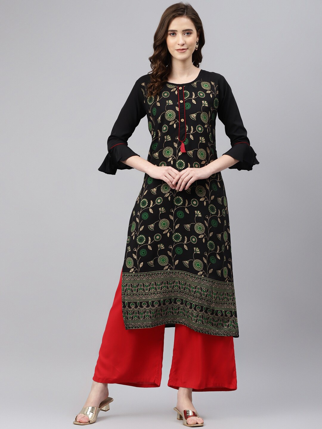 

Somras Women Black & Golden Ethnic Motifs Printed Bell Sleeves Kurta
