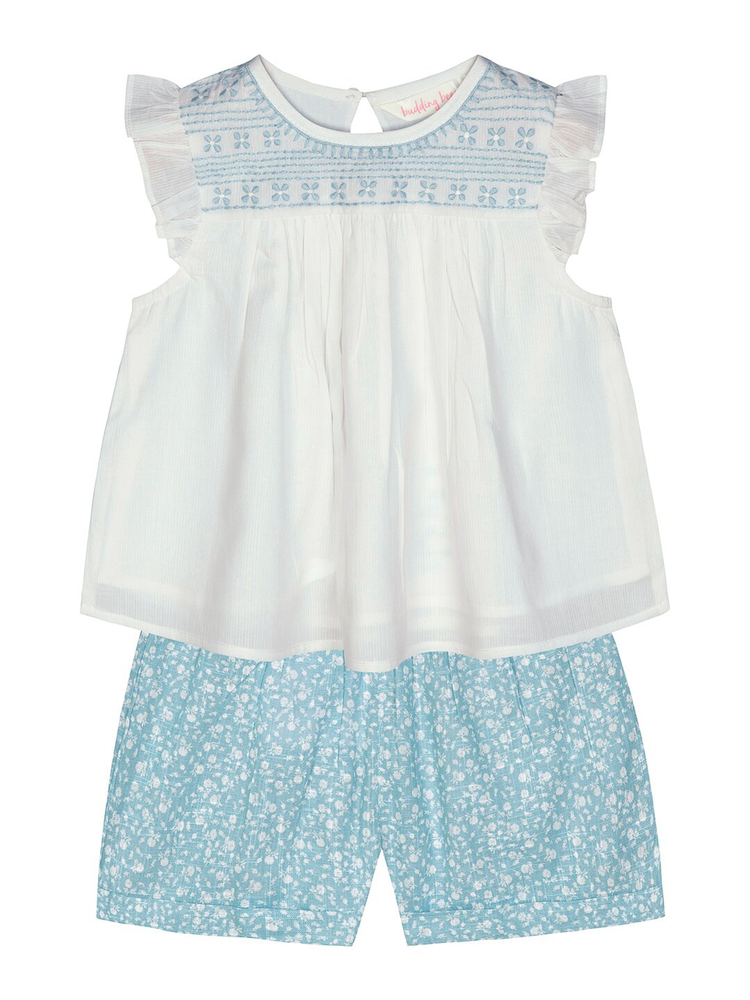 

Budding Bees Girls White & Blue Embroidered Top with Shorts