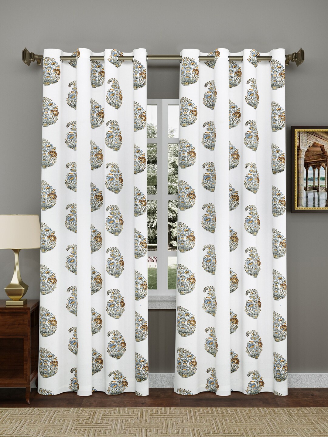 

Gulaab Jaipur White & Blue Set of 2 Ethnic Motifs Cotton Door Curtains