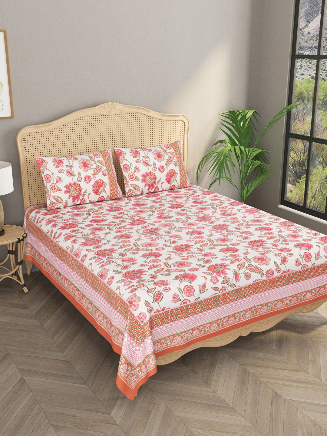 

Gulaab Jaipur Coral & White 600 TC King Floral Cotton Bedsheet with 2 Pillow Covers