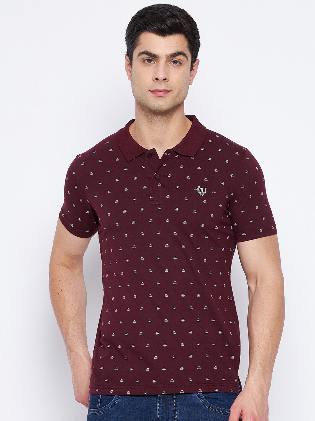 

Duke Men Maroon & White Printed Polo Collar Slim Fit Cotton T-shirt
