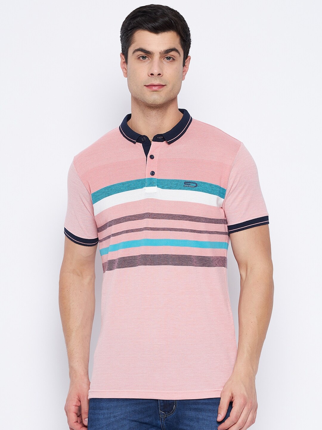 

Duke Men Pink & Blue Striped Polo Collar Slim Fit Cotton T-shirt