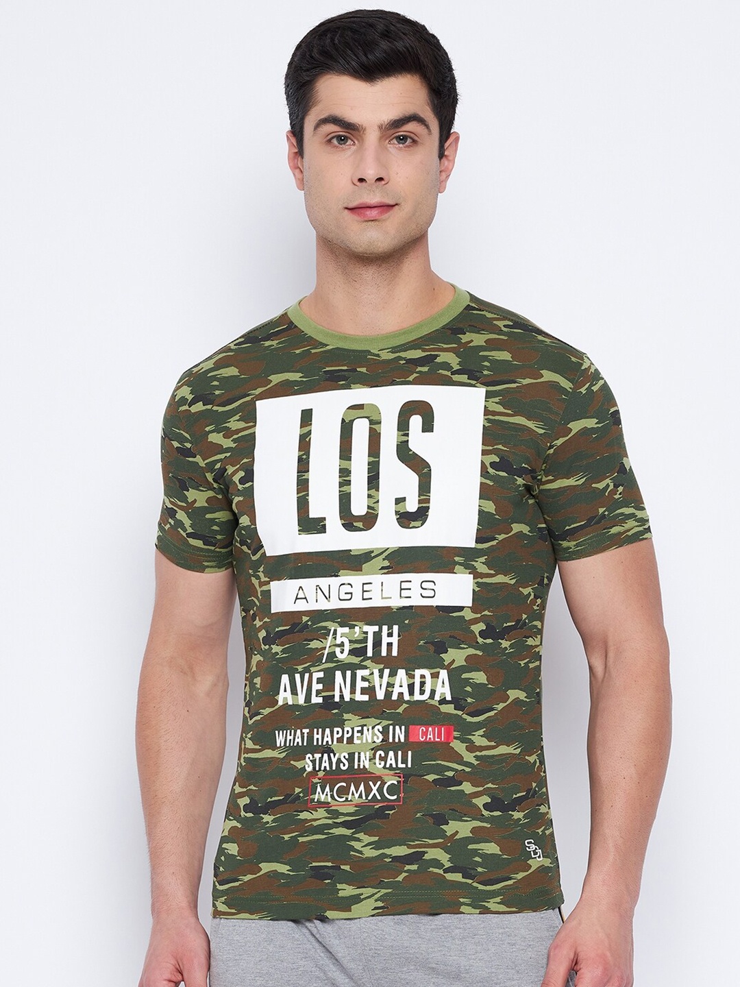 

Duke Men Green & Coffee Brown Camouflage Printed Slim Fit Cotton T-shirt