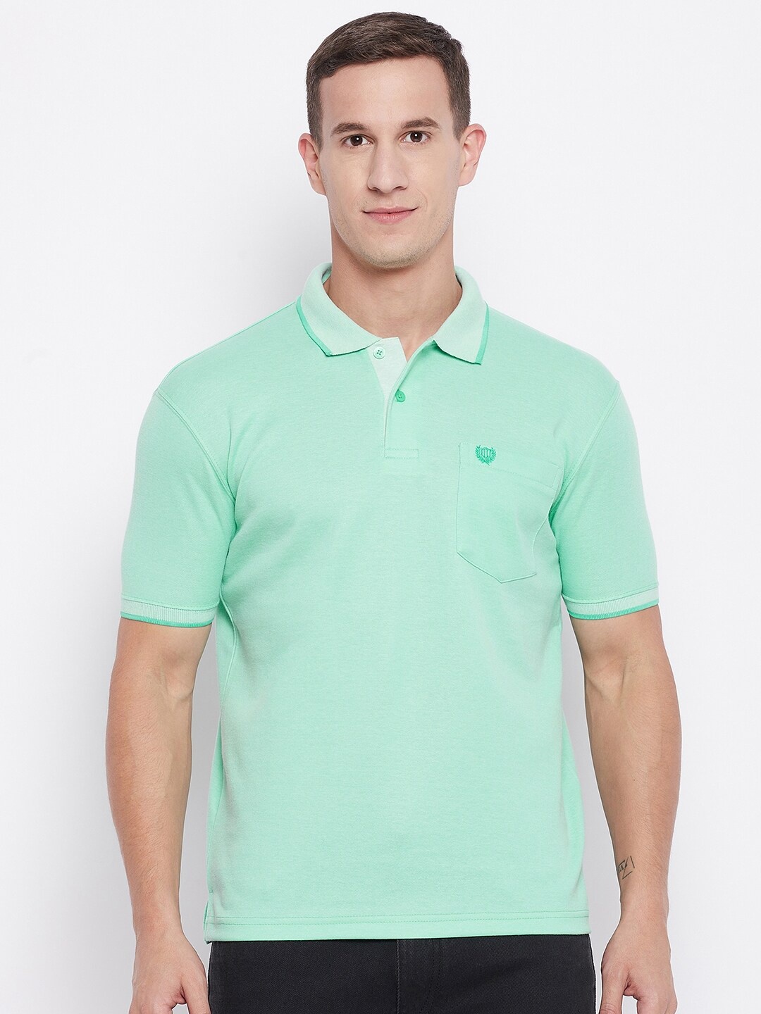 

Duke Men Green Solid Pure Cotton Polo Collar T-shirt