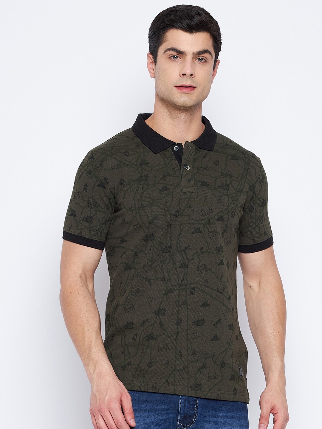 

Duke Men Olive Green Conversational Print Polo Collar Slim Fit Cotton T-shirt
