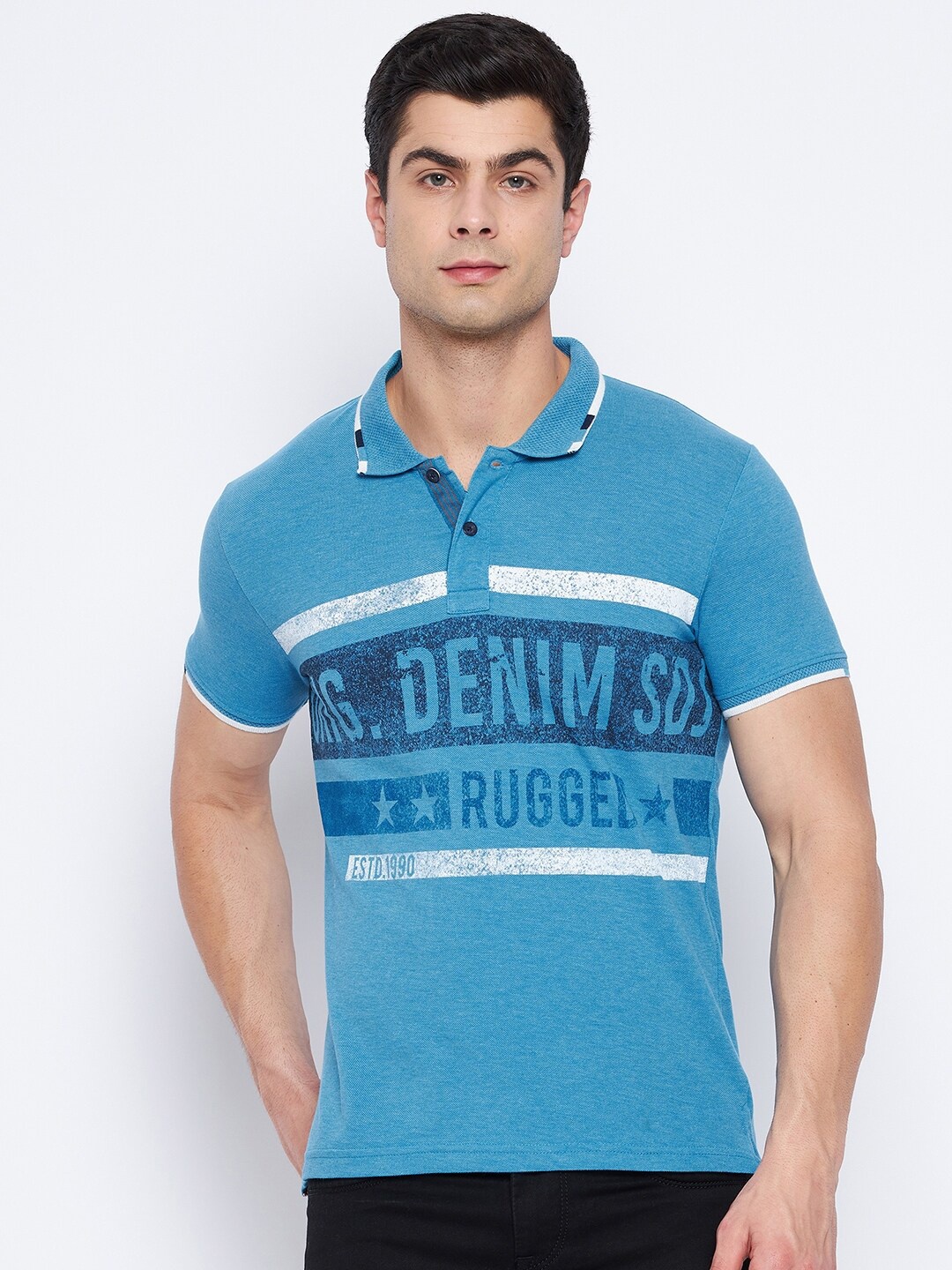 

Duke Men Blue Typography Printed Polo Collar Slim Fit T-shirt