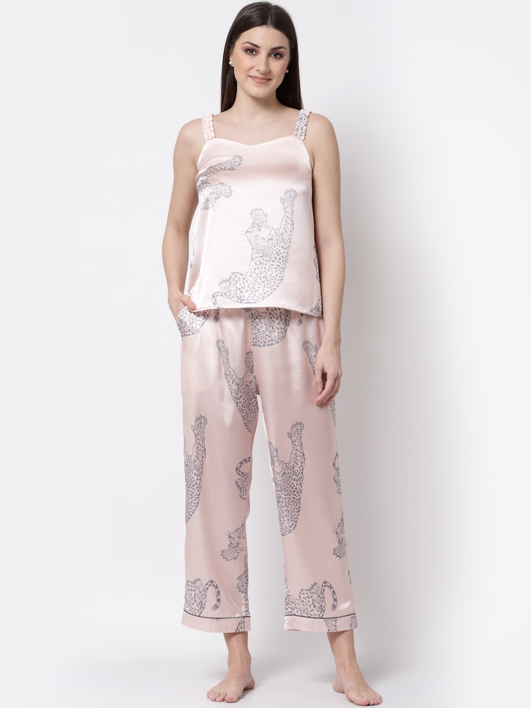 

BLANC9 Women Peach-Coloured & Grey Printed Night Suit